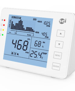 Dispositivo para medir la calidad del aire, incluyendo temperatura, humedad y CO2, que se puede colocar sobre una mesa o fijar a la pared, modelo SEI AQM10.