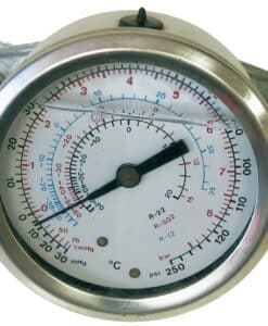 Manómetro de glicerina horizontal de alta con puente para R134a,R404A y R407C Ø63mm